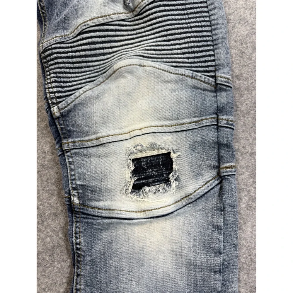 Supply & Demand NYC Mens 38W XXL Blue Distressed Moto Biker Slim Jeans